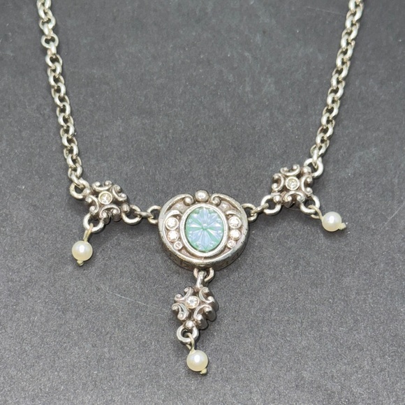 Brighton Signed Mystique Teal Floral Crystals Faux Pearls Necklace W/Earrings - Picture 6 of 9